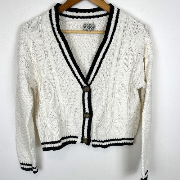 Vintage Sweaters - Vintage Y2K Cardigan CableKnit White Black Stripe trim Cropped Ivy Prep S SIZE S